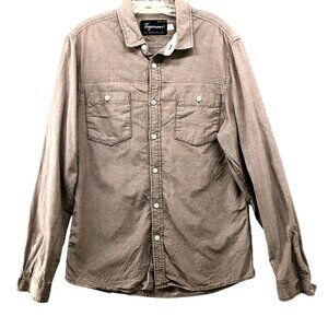 Topman Button Down Shirt Mens L Long Sleeve Utility Chest Pocket Brown Cotton